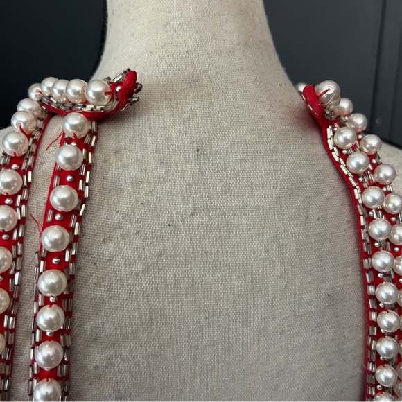 Vintage 80s Red Silk Beaded Pearl Oleg Cassini Black Tie Cocktail Dress Glam 2 - Picture 8 of 11